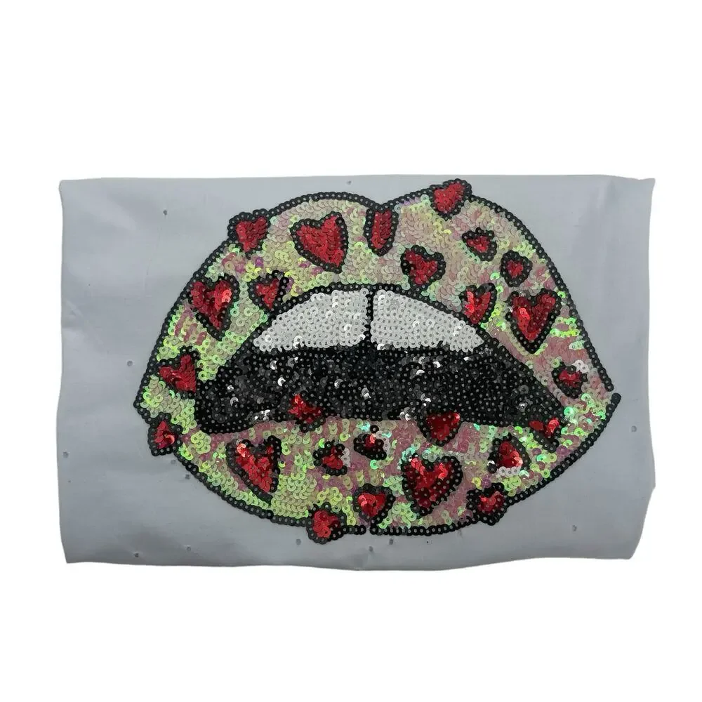 Balboa Women’s White Sequins Heart Lip Holes All Over Short Sleeve Tee T-shirt - Picture 10 of 11